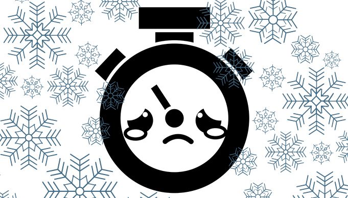 Sad clock in snow cartoon