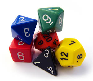 A pile of 6 generic polyhedral dice